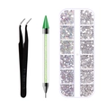 Close-up of nail art kit featuring tweezers, dual-ended dotting pen and rhinestone organizer - Green