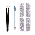 Detail of professional nail art set with dual-ended wax pen, ESD-15 tweezers, and rhinestones - Blue