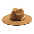 Classic camel faux suede wide brim fedora hat with gold feather pendant and black leather band - M (56-59cm) / Suede / Khaki