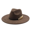 Classic brown wide brim wool fedora hat with black band and gold feather metal accent - M (56-59cm) / Suede / Coffee