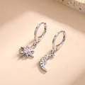 Asymmetric S925 silver hoop earrings with pink star and crescent moon pendants - Silver with Pink Crystal