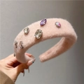 Detail of pink faux fur headband with embedded multi-colored crystal rhinestones and gems - Headband / Pink Rhinestone Headband