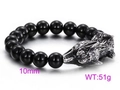 Mens 10mm black glass bead bracelet with dual metal wolf heads and 51g weight - Wolf Head Style (KB60920-BD)