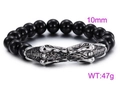 Men's titanium steel beaded bracelet featuring black glass beads and silver tiger head charms - Dragon Head Style (KB60921-BD)