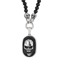 Herenketting van titaniumstaal met zwarte agaatkralen en zilveren schedelhangers - Gladde Ovale Stijl (KN230596-K)