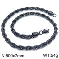 500x7mm black twisted rope chain necklace in stainless steel with lobster clasp - 7mm / 50cm / Black