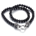 Gothic punk black beaded bracelet featuring silver skull charms and metal link clasp - 8mm 50cm Silver Necklace (KN28516-BD)