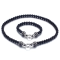 Men's punk style black beaded necklace and bracelet set with silver skull charms - Silver Skull Jewelry Set (KS83363-BD)