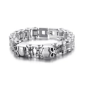 Silver stainless steel men's bracelet with skull charms and biker chain design - Double Skull Biker Chain Style (KB153351-KFC)