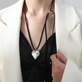 Adjustable titanium steel heart pendant necklace with black long cord for women - P1698 - Heart Necklace - 94cm (adjustable)