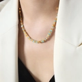 Colorful natural stone beaded necklace with 18k gold cube beads shown on a model - P1716-Abacus Bead Necklace 42+5CM / Multicolor/Gold