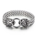 Pulsera de hombre de acero inoxidable con doble cabeza de león y cadena trenzada - 23CM / Color Acero