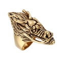 Retro dragon head titanium steel ring in antique gold finish for men from a side angle - US 8 / Gold Color (KR39477)