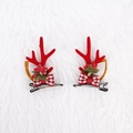 Christmas hair clips with red reindeer antlers and houndstooth bows on white fur - Flower Stamen Bow Antler Clips (2 Pcs)