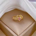 Anello regolabile corna di renna dorato con zircone rosa a goccia e cristalli pavé - Aperto Regolabile / Oro (R138 Placcato Oro Vero)