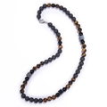 8mm Tiger Eye and Volcanic Stone necklace with square magnetic hematite on white background - Tiger Eye Necklace