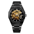 Mens black automatic mechanical watch with gold skeleton dial and sleek metal band - Black Gold