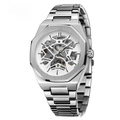 Close-up of silver stainless steel octagonal case and skeleton dial of mechanical watch - Silver
