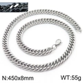 Silver cuban curb chain necklace in stainless steel measuring 450x8mm and weighing 55g - 8mm x 450mm (KN233081-ZZ)