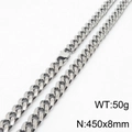 Silver titanium steel Cuban chain necklace, 450x8mm size and 50g weight hip hop link - 8mm x 450mm (KN232786-ZZ)