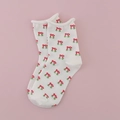 Cute white crew socks with red cherry bow patterns and stylish rolled edges for women - Rolled Edge/Embroidered / Small Cherry/White