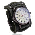 Military green leather cuff watch with rivets and dark metal case on white background - Retro Green
