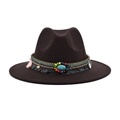 Dark brown wool Fedora hat with bohemian beaded band and turquoise stone detail - M (56-58cm) / Coffee