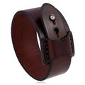Vintage dark brown genuine leather bracelet with metal button clasp and stitching detail - Brown