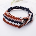 Crossed fabric headband with wavy patterns in brown white and blue colors - Small Coffee Plaid