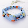 Blue twisted headband with colorful fruit and floral prints in soft chiffon fabric - Style 42 Blue Fruits
