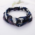 Elastic cross headband with navy blue base and white pink feather pattern print - Feather Style 2 Navy