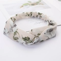 Elastic beige cross headband with green and grey floral plant patterns for women - Style 63 Beige Plant Floral