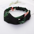 Cross knotted headband with tropical leaf and flower pattern on a black fabric base - Style 53 Black Tropical Print