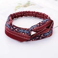 Elastic cross headband in red fabric with blue and beige geometric patterns for women - Style 72 Red Geometric