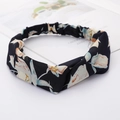 Cross knot headband in dark blue fabric with orange floral pattern for women - Style 55 Navy Orange Floral