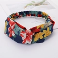 Elastic navy blue floral twisted headband with colorful flower print for women - Style 64 Navy Multi-color Floral