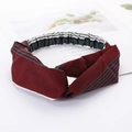 Elastic criss-cross headband in dark red and grey-green stripes for women - Style 89 Wine Fine Stripes