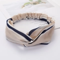 Beige and blue striped fabric twisted headband with cross knit design for women - Style 100 Blue/Beige Stripes