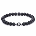 Natural 6mm black lava stone elastic bracelet featuring letter B bead and silver spacers - Letter B