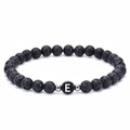 6mm natural black lava stone stretch bracelet with silver spacers and letter E charm - Letter E