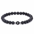6mm black lava stone beaded stretch bracelet featuring a silver letter Y initial charm - Letter Y