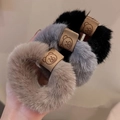 Fluffy faux fur hair scrunchies for women, cute bear leather tag autumn winter hair ties. - Three Colors Each