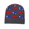 Nahaufnahme der dunkelgrauen Kinderstrickmütze mit blauen Autos und roten Baggern - M(48-52cm) / Grau