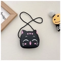 Close-up of black cartoon cat crossbody bag with cute cat ears and woven rope strap - Black