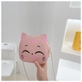 Detail of pink cat crossbody bag with heart zipper and silver chain strap for kids - Pink