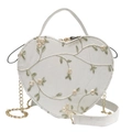 White heart-shaped handbag featuring yellow floral embroidery and gold chain strap - Heart / White