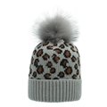 Detailed knit texture of leopard print winter hat with fluffy grey faux fur pom pom - Light Gray