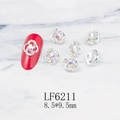 Detailed silver flower nail charms with AB rhinestones shown in 8.5x9.5mm size - Silver Flower Full Aurora AB Rhinestone Style (6211)