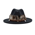 Classic black fedora hat with brown feather trim and woven band on white background - M (56-58cm) / Dark Gray