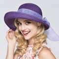 Elegant purple woven sun hat with silk bow decoration and foldable wide brim for beach - One Size / Purple